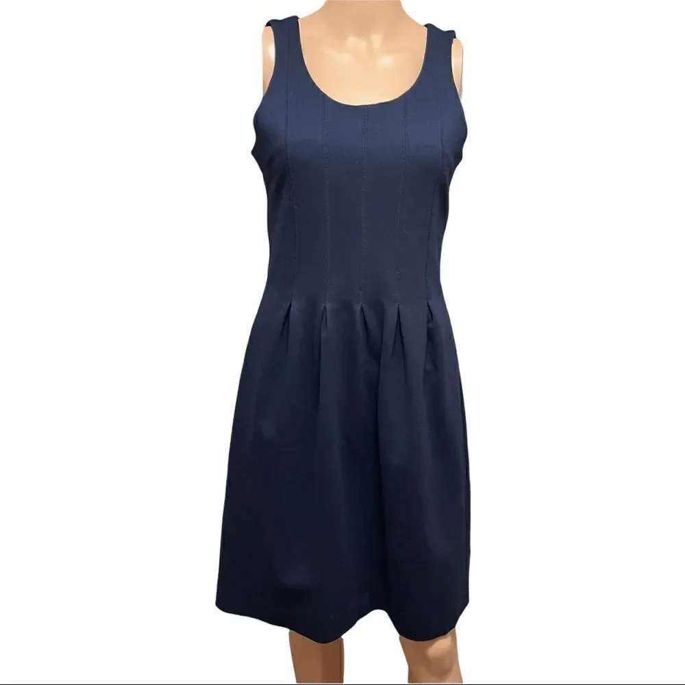J. Crew Navy Scuba Reverse Pleats Fit & Flare Dress Sz 4